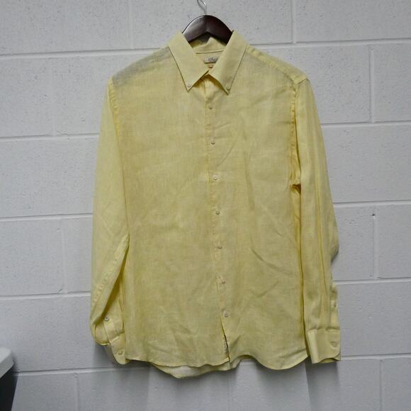H.E. by Mango Men's Large Shirt Top Slim Fit Button Front Long Sleeve‎ Yellow - Picture 2 of 8